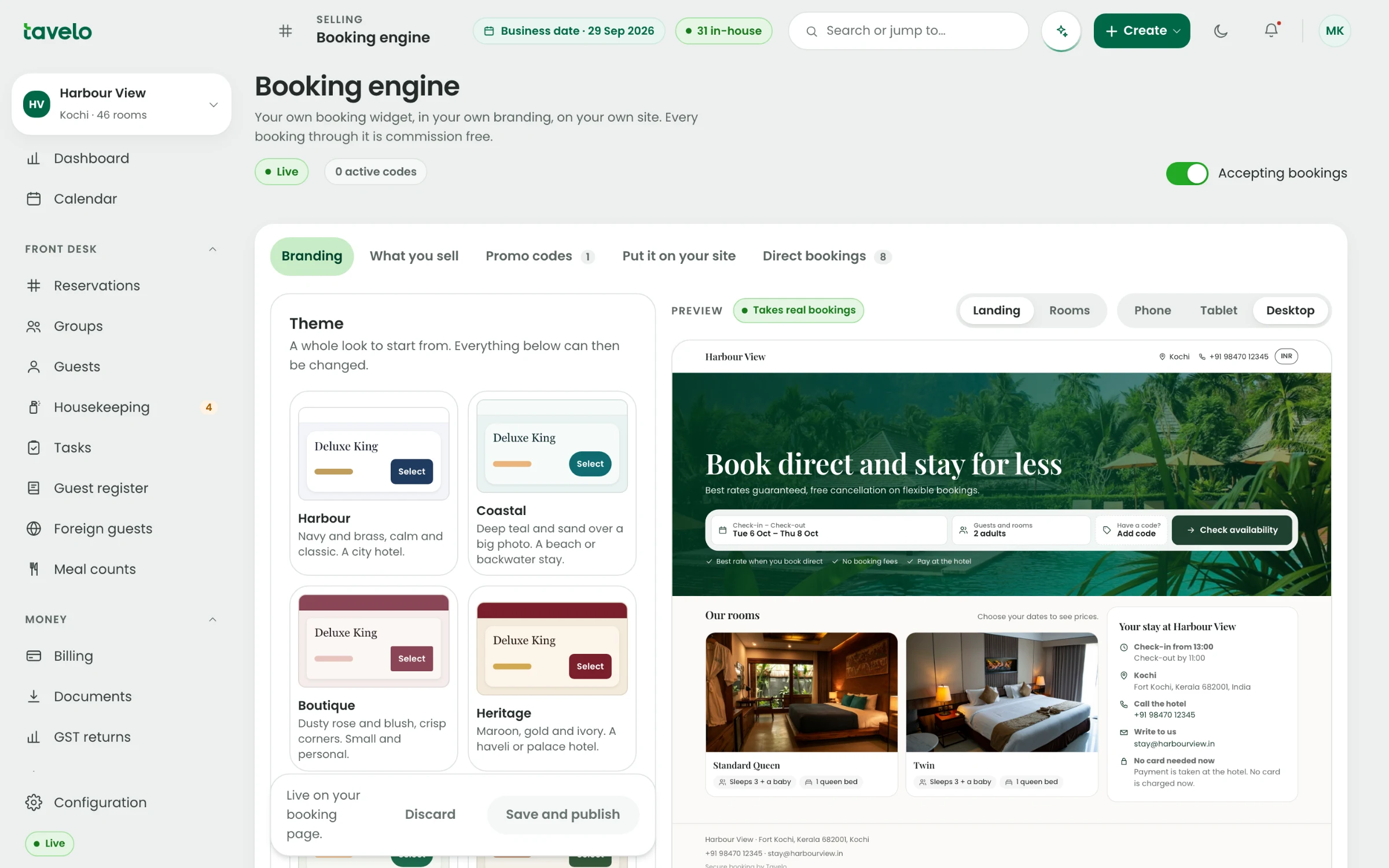 The booking engine settings with a live preview of the hotel's own booking page